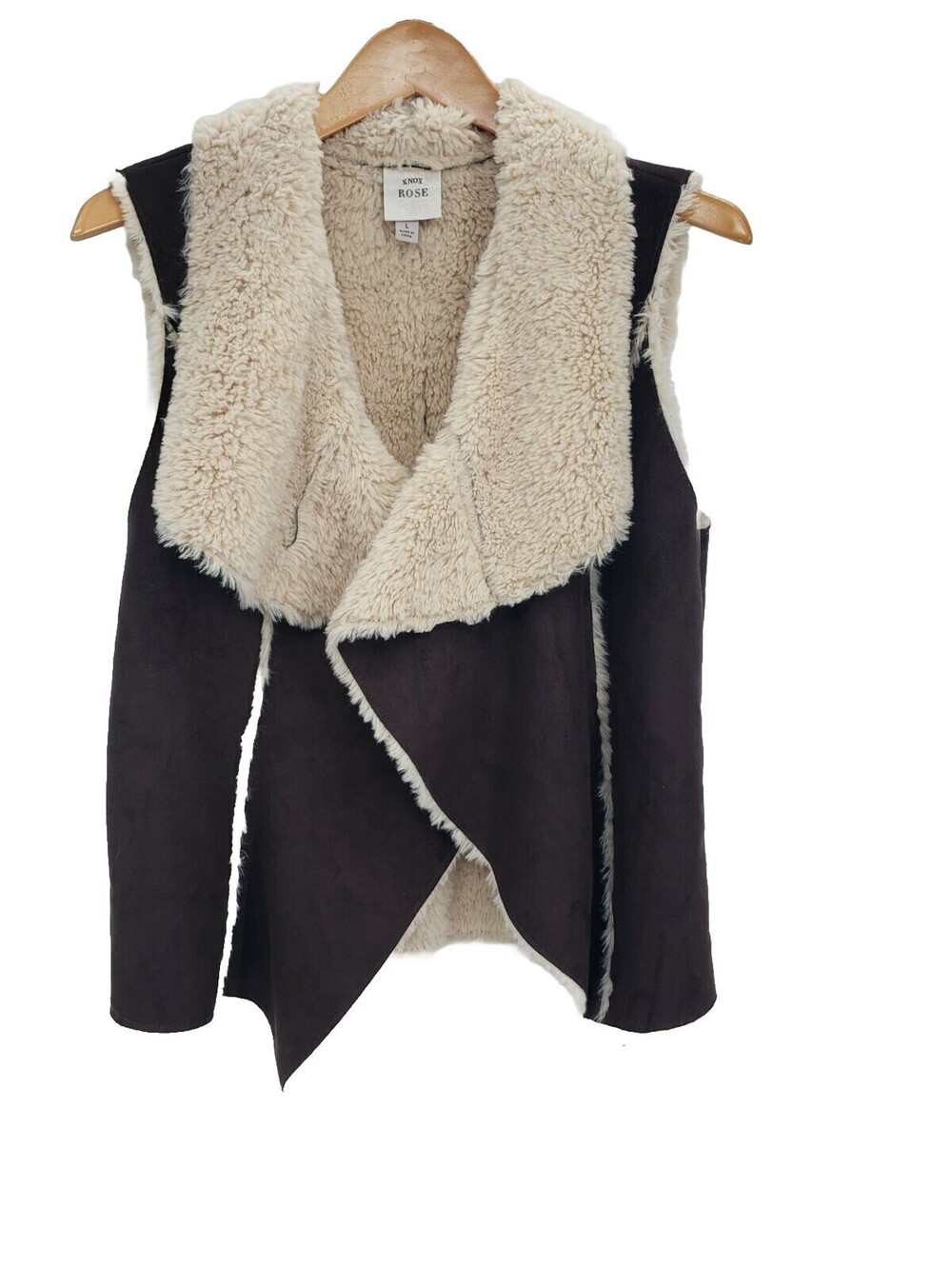 KNOX ROSE Vest Womens Large Faux Suede Faux Fur Lined Open Front Brown Fleece
